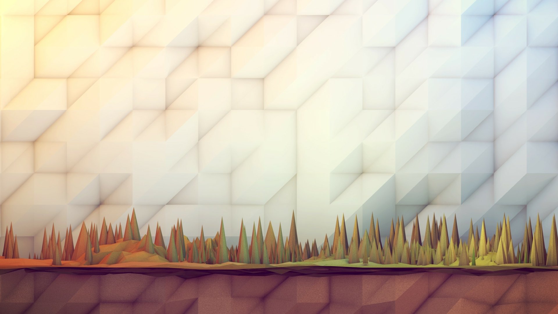 An abstract artistic HD desktop wallpaper featuring geometric shapes and a colorful landscape of stylized trees against a soft, blurred background.