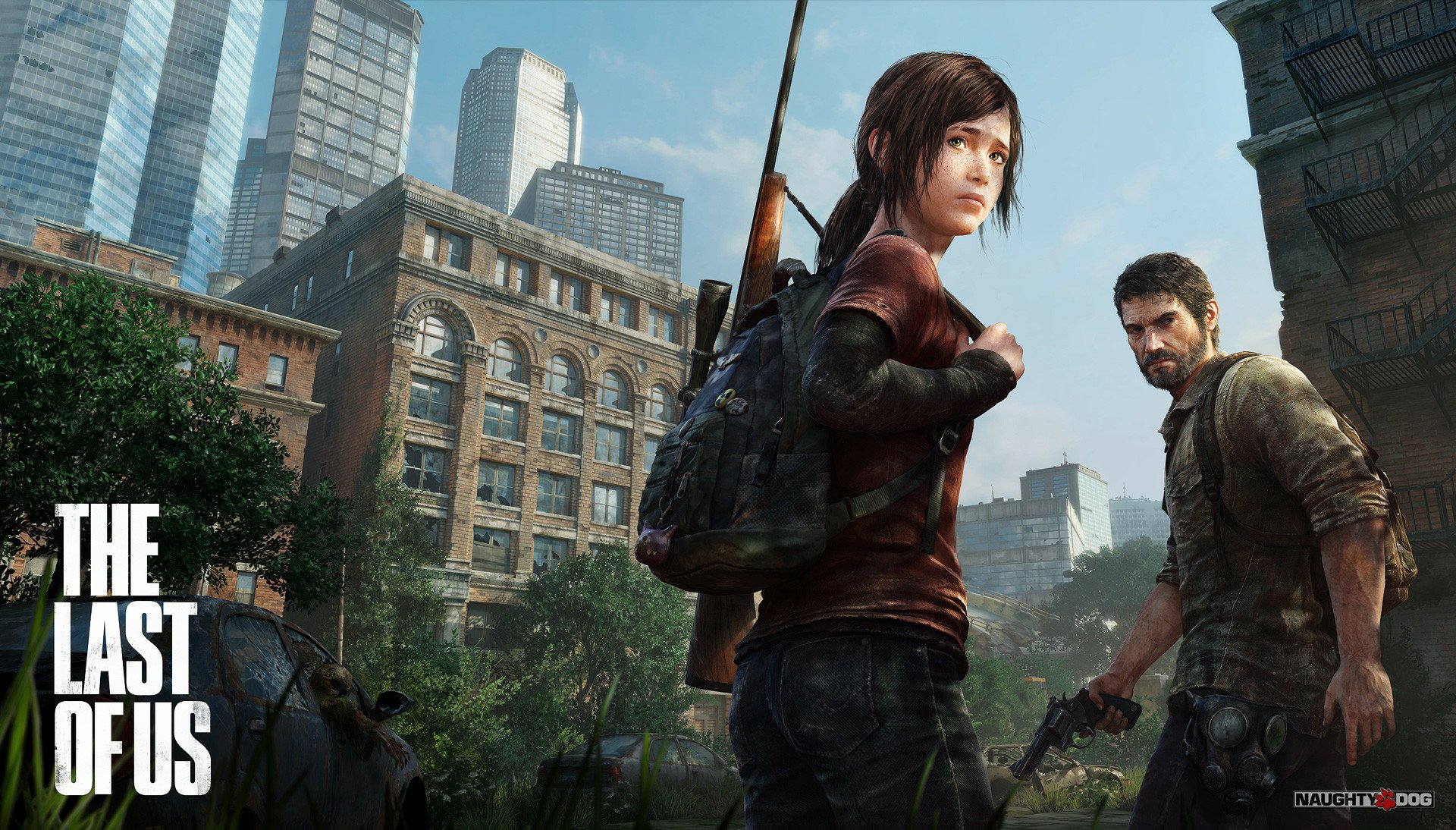 HD wallpaper from The Last of Us, featuring Ellie and Joel navigating a post-apocalyptic cityscape, blending adventure and survival against a backdrop of urban decay.