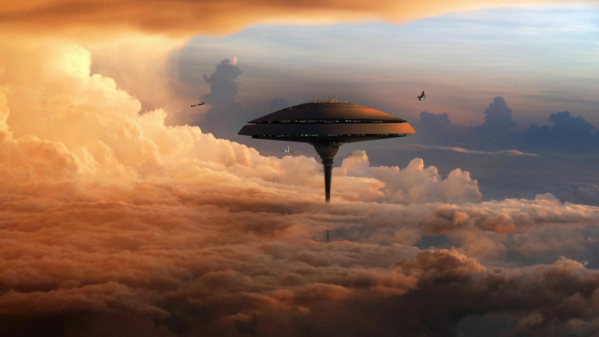 A stunning HD desktop wallpaper featuring a sci-fi scene reminiscent of Star Wars, showcasing a futuristic ship hovering among vibrant clouds at sunset.