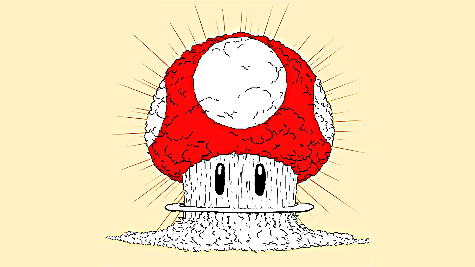 HD PC desktop wallpaper featuring a stylized red and white Mario mushroom with textured shading and radiating lines on a light beige background.