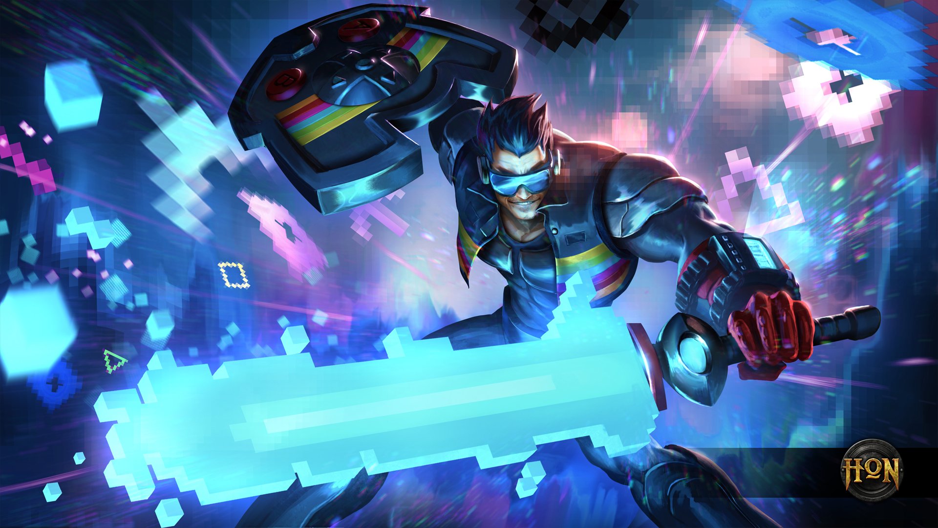 HD Heroes of Newerth video game PC wallpaper showing a cybernetic warrior leaping with a glowing pixelated blue sword and shield amid neon, pixelated battlefield effects