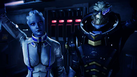 HD PC desktop wallpaper featuring Liara T'Soni and Garrus Vakarian from the Mass Effect video game series in a sci-fi interior setting.