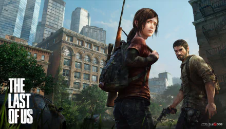 HD wallpaper from The Last of Us, featuring Ellie and Joel navigating a post-apocalyptic cityscape, blending adventure and survival against a backdrop of urban decay.