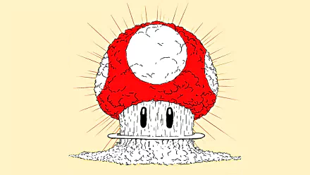 HD PC desktop wallpaper featuring a stylized red and white Mario mushroom with textured shading and radiating lines on a light beige background.
