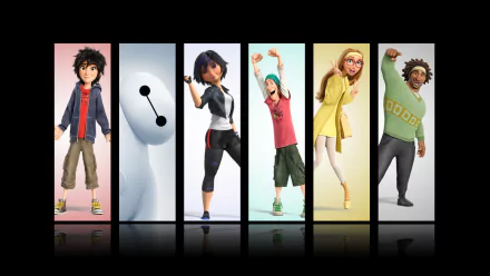 A vibrant HD desktop wallpaper featuring characters from Big Hero 6: Hiro Hamada, Baymax, Go Go Tomago, Honey Lemon, and Wasabi, showcasing their dynamic personalities and teamwork.