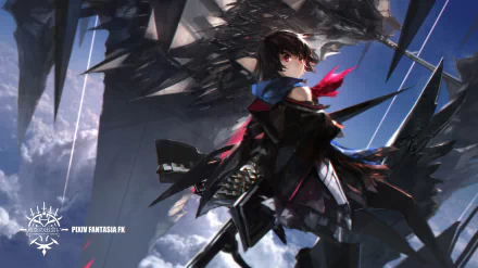 Anime-style HD desktop wallpaper from Pixiv Fantasia Fallen Kings, featuring a dark, dramatic character with red accents and a large mechanical or winged structure against a stormy sky.
