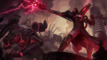 HD PC desktop wallpaper of Viktor from League of Legends, featuring the champion wielding a glowing staff amid a dark, electrified battlefield.