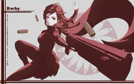 Ruby Rose from RWBY poses dynamically with her cape flowing, wielding a gun, surrounded by flying bullets, set against a stylized background. An engaging HD anime wallpaper.
