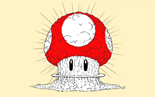 HD PC desktop wallpaper featuring a stylized red and white Mario mushroom with textured shading and radiating lines on a light beige background.