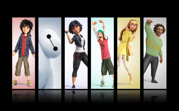 A vibrant HD desktop wallpaper featuring characters from Big Hero 6: Hiro Hamada, Baymax, Go Go Tomago, Honey Lemon, and Wasabi, showcasing their dynamic personalities and teamwork.
