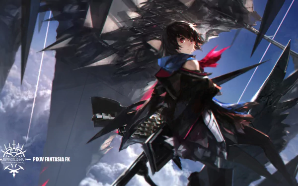 Anime-style HD desktop wallpaper from Pixiv Fantasia Fallen Kings, featuring a dark, dramatic character with red accents and a large mechanical or winged structure against a stormy sky.