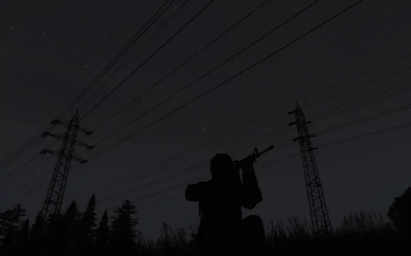 Silhouetted figure aiming a rifle under power lines at night, from the video game Arma 2: DayZ Mod, presented as an HD PC desktop wallpaper and background.