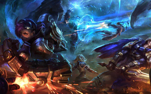 HD desktop wallpaper featuring League of Legends characters Garen, Xerath, Lucian, Lux, and VI in an intense battle. The dynamic scene captures vibrant, action-packed moments from the video game.