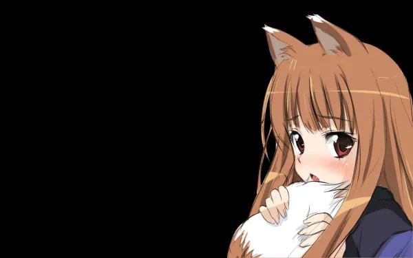 Holo from Spice & Wolf showcases her playful charm in this HD anime wallpaper, featuring her signature wolf ears and a soft, fluffy tail against a dark background.
