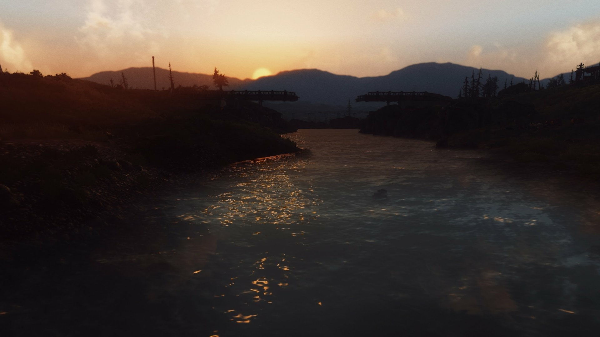 HD PC desktop wallpaper featuring a sunset over a river with silhouettes of trees and mountains from the video game Fallout: New Vegas.