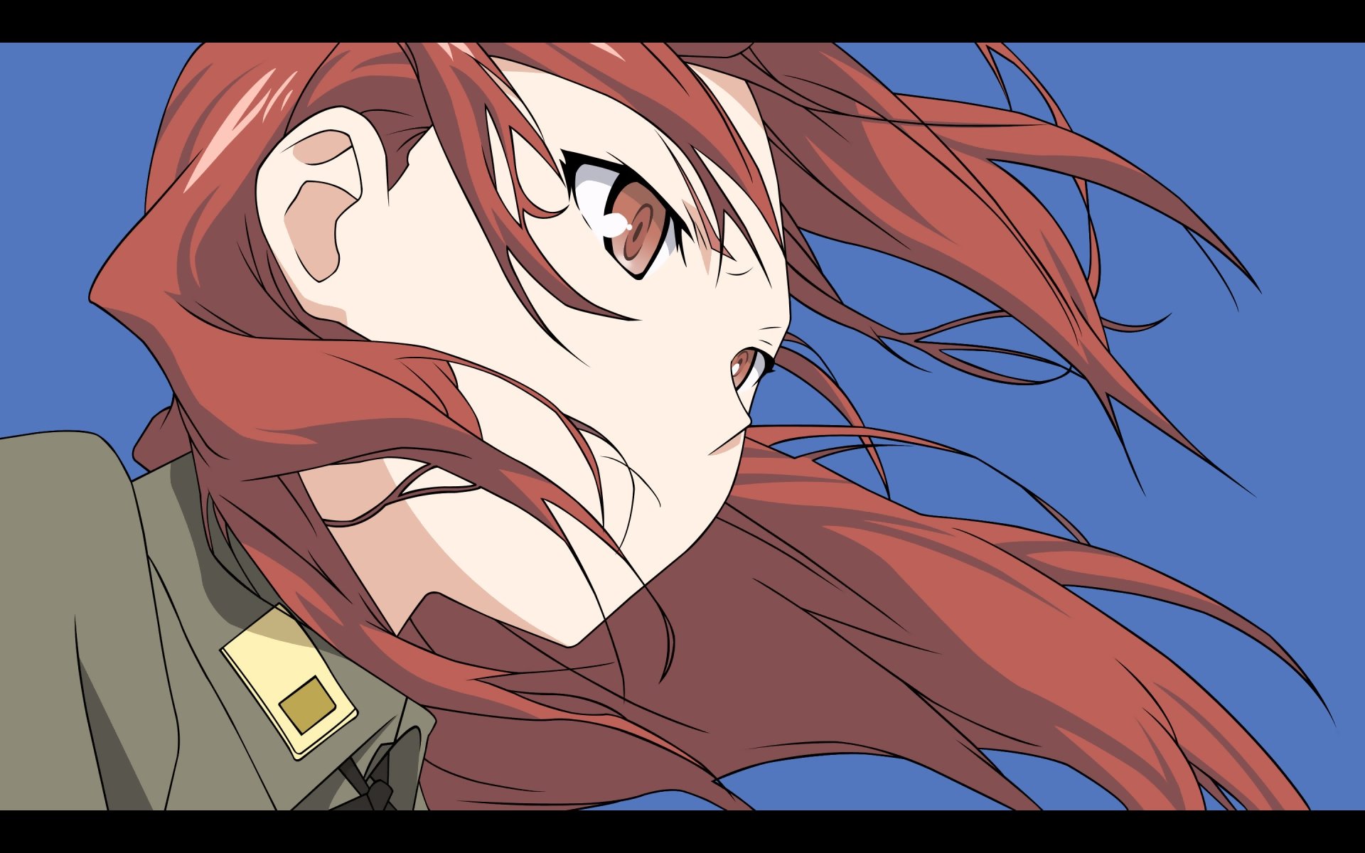 Anime-style HD PC desktop wallpaper featuring a close-up of a Strike Witches character with flowing red hair against a clear blue sky background.