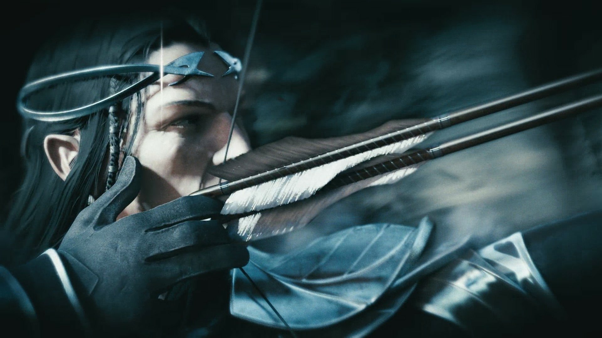 Close-up of an elven archer drawing a bow from the video game Middle-earth: Shadow of Mordor — HD PC desktop wallpaper with motion blur and cool blue lighting.