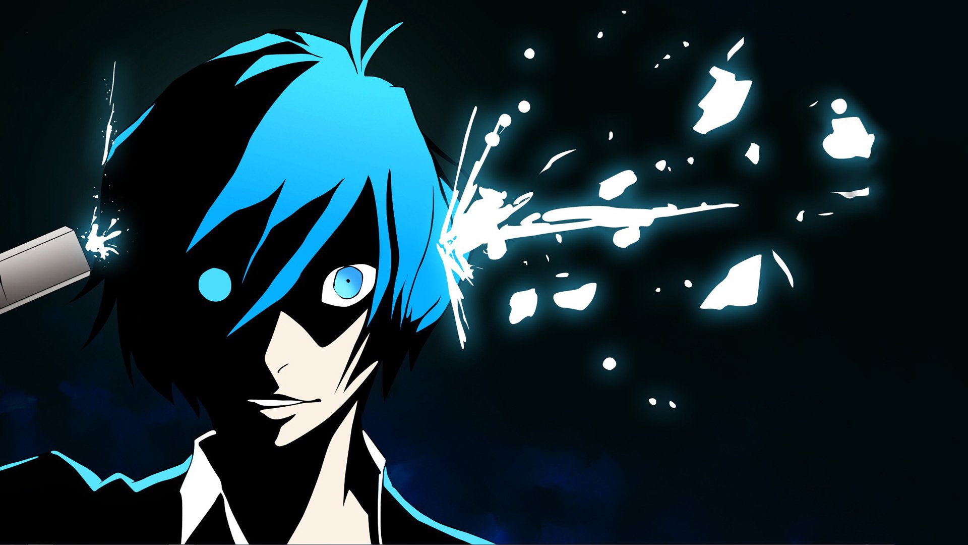 A striking HD wallpaper featuring a character from Persona 3, showcasing vibrant blue hair and a dramatic expression against a dark background.