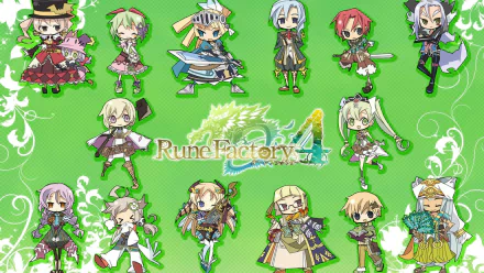 HD PC desktop wallpaper featuring chibi characters from the video game Rune Factory 4 on a bright green background with the game title centered.
