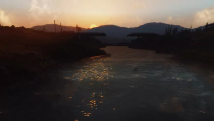 HD PC desktop wallpaper featuring a sunset over a river with silhouettes of trees and mountains from the video game Fallout: New Vegas.