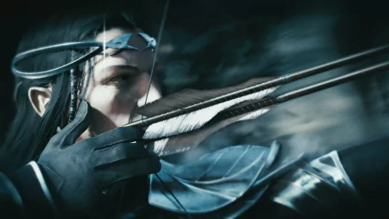 Close-up of an elven archer drawing a bow from the video game Middle-earth: Shadow of Mordor — HD PC desktop wallpaper with motion blur and cool blue lighting.