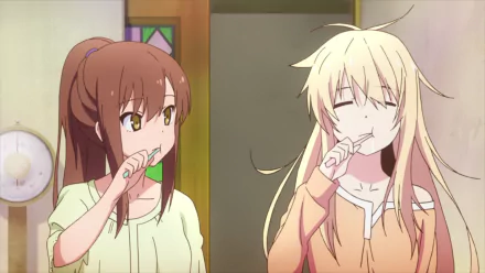 HD desktop wallpaper featuring Nanami Aoyama and Mashiro Shiina from the anime Sakurasou no Pet na Kanojo, brushing their teeth together in a cozy setting.