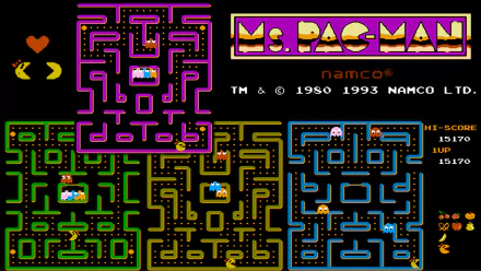HD PC desktop wallpaper featuring vibrant maze sections and characters from the classic video game Ms. Pac-Man, showcasing retro arcade style and Namco branding.