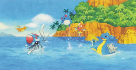 A vibrant HD wallpaper featuring various water Pokémon, including Lapras, Dratini, Magikarp, Marill, Dragonite, and Tentacruel, amidst a colorful tropical backdrop.