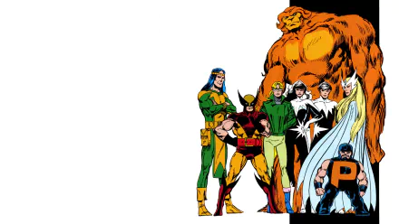 HD PC desktop wallpaper of Alpha Flight comic heroes — Snowbird, Sasquatch, Northstar, Aurora, Shaman, Puck and Wolverine — grouped at right on a white background.