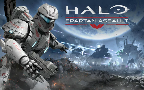 HD PC desktop wallpaper and background showing an armored Spartan from the video game Halo: Spartan Assault aiming a rifle across a smoky battlefield with distant ships and explosions.