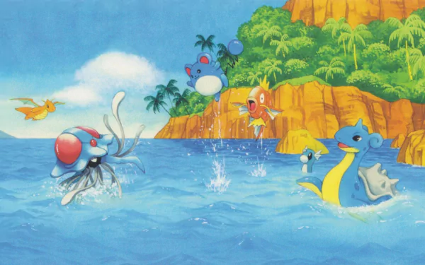 A vibrant HD wallpaper featuring various water Pokémon, including Lapras, Dratini, Magikarp, Marill, Dragonite, and Tentacruel, amidst a colorful tropical backdrop.