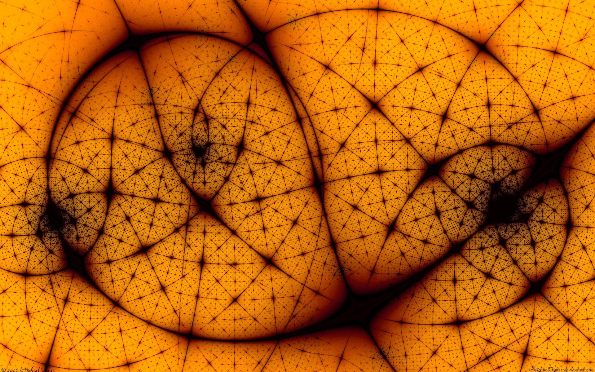 An abstract artistic design in warm orange and black tones with intricate, web-like patterns, rendered in high definition for a detailed PC desktop wallpaper.