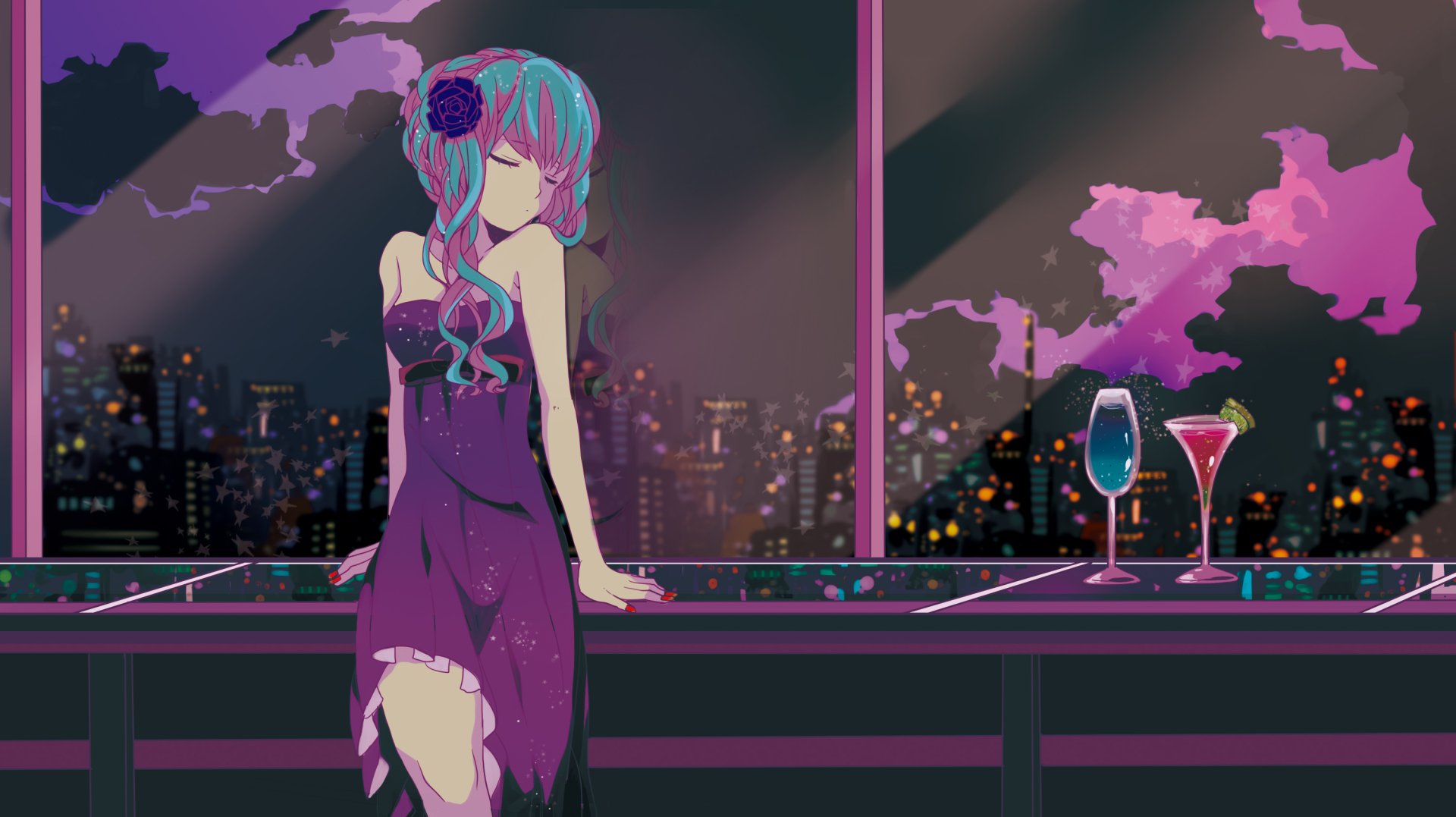 HD wallpaper featuring Hatsune Miku in a purple dress with two-toned hair, relaxing by a railing with drinks against a cityscape under a purple sky.