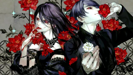 Anime characters Rize Kamishiro and Shū Tsukiyama from Tokyo Ghoul surrounded by red flowers, featured in a HD desktop wallpaper. Both are depicted in elegant, dark attire with an intense ambiance.