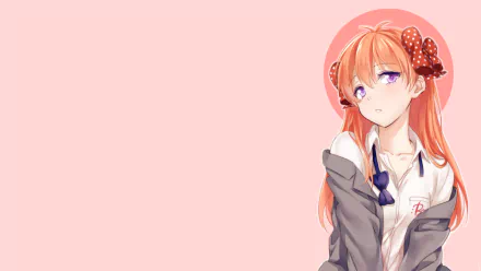 Chiyo Sakura from the anime Monthly Girls' Nozaki-kun is depicted in this HD desktop wallpaper, showcasing her vibrant orange hair and playful personality against a soft pink background.