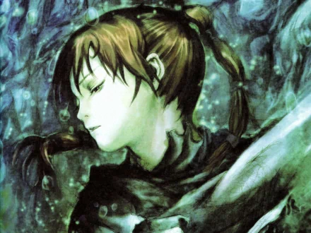 HD anime desktop wallpaper from Texhnolyze features a serene character with closed eyes and braided hair against a textured, dark, and moody background.