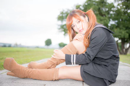 A Taiwanese woman, Xiao Xi, poses in stylish brown boots against a soft bokeh background, capturing a serene moment in nature. HD wallpaper for a chic aesthetic.