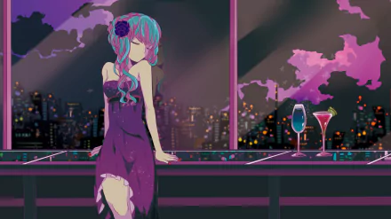HD wallpaper featuring Hatsune Miku in a purple dress with two-toned hair, relaxing by a railing with drinks against a cityscape under a purple sky.