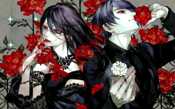 Anime characters Rize Kamishiro and Shū Tsukiyama from Tokyo Ghoul surrounded by red flowers, featured in a HD desktop wallpaper. Both are depicted in elegant, dark attire with an intense ambiance.