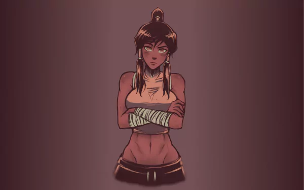 HD anime desktop wallpaper featuring a fierce character from Avatar: The Legend of Korra with crossed arms and a confident expression against a muted background.