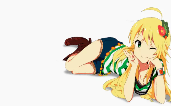 HD PC desktop wallpaper of Miki Hoshii from The iDOLM@STER: winking blonde anime idol reclining in a green striped outfit against a white background.