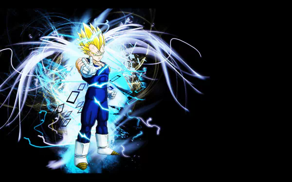 HD desktop wallpaper featuring an anime character from Dragon Ball Z, with a dynamic background of glowing blue and white energy patterns.