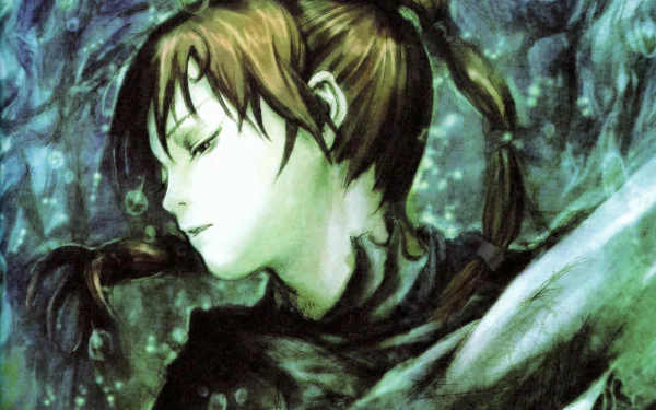 HD anime desktop wallpaper from Texhnolyze features a serene character with closed eyes and braided hair against a textured, dark, and moody background.