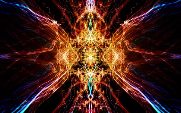 HD desktop wallpaper featuring a vibrant, abstract pattern with energetic light textures and symmetrical shapes in various cool colors. The design exudes dynamic energy and intrigue.