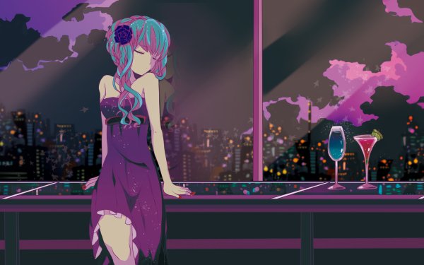 Anime Vocaloid Hatsune Miku Blue Hair Two-Toned Hair Purple Hair Dress Purple Dress Cielo Vidrio Bebida Fondo de pantalla HD | Fondo de Escritorio
