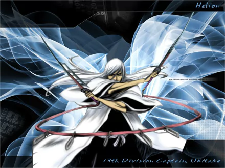 HD PC desktop wallpaper featuring Jūshirō Ukitake from the anime Bleach, showcasing him in dynamic motion wielding dual swords with flowing robes and striking blue energy effects.