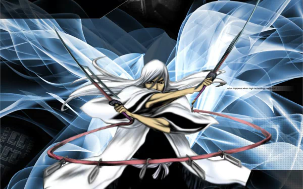 HD PC desktop wallpaper featuring Jūshirō Ukitake from the anime Bleach, showcasing him in dynamic motion wielding dual swords with flowing robes and striking blue energy effects.