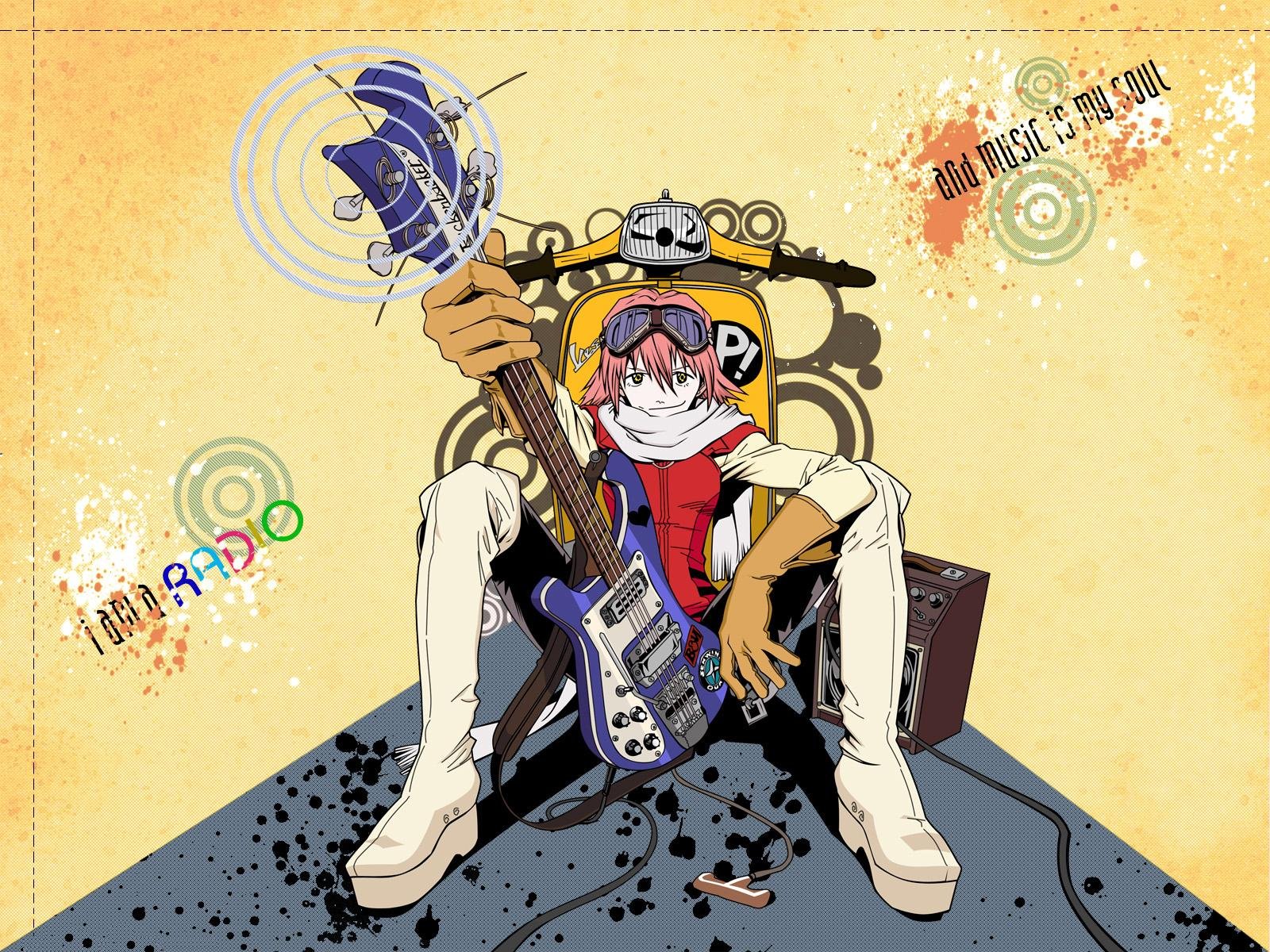 HD anime desktop wallpaper featuring a character from FLCL holding a guitar, with vibrant colors and dynamic background elements.