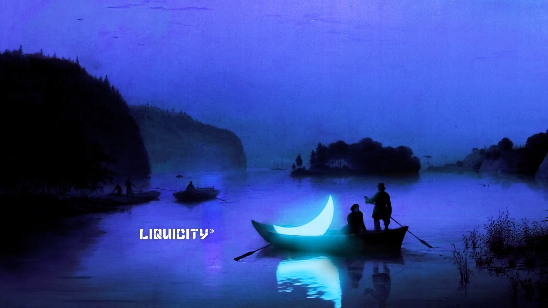 HD PC desktop wallpaper of a moody blue lake at night: silhouetted boaters in a rowboat holding a glowing crescent moon, Liquicity logo and music-themed ambiance.