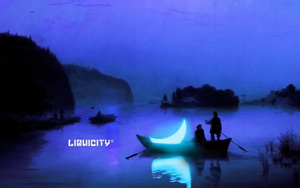HD PC desktop wallpaper of a moody blue lake at night: silhouetted boaters in a rowboat holding a glowing crescent moon, Liquicity logo and music-themed ambiance.